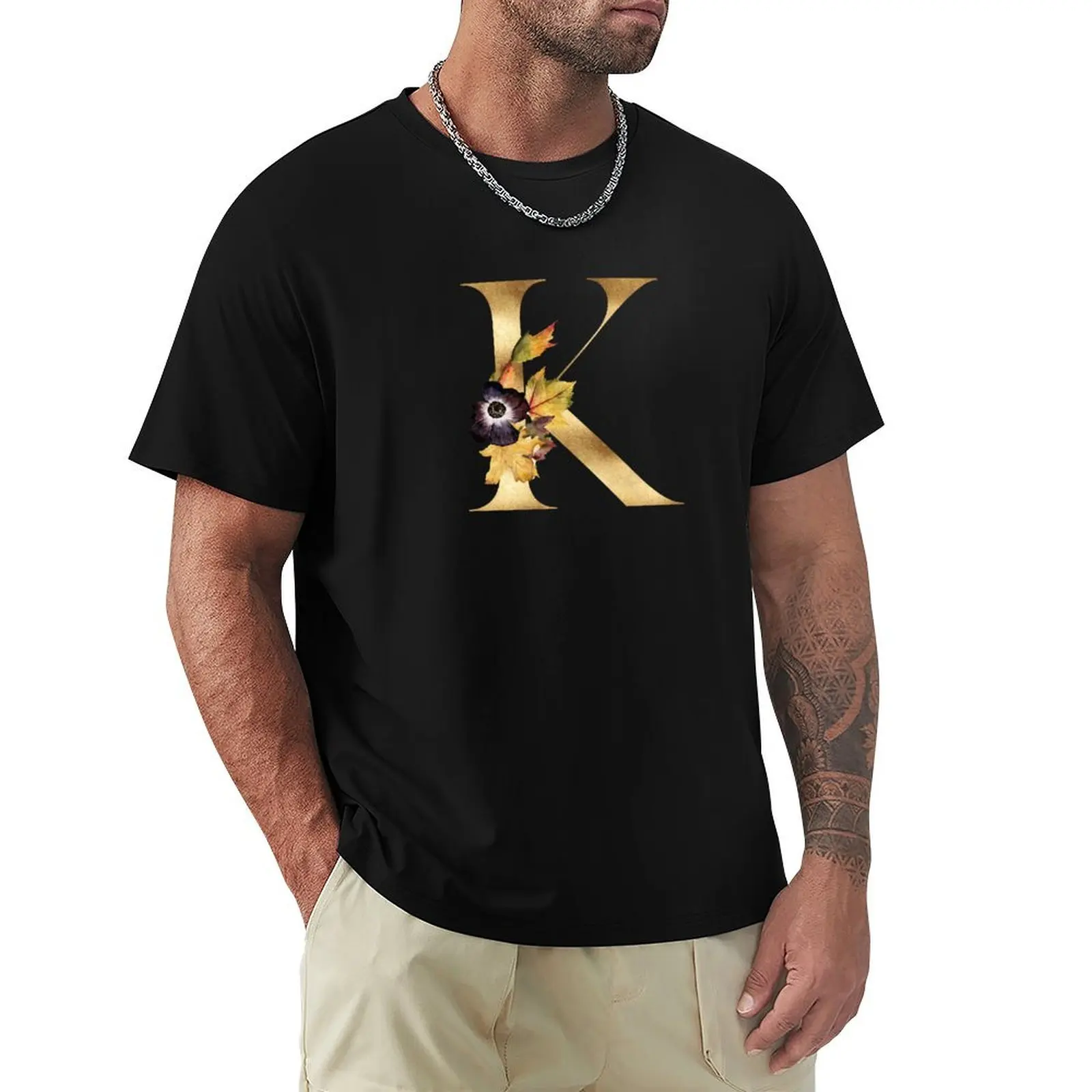 Initial K in gold with fall accents T-Shirt summer tops summer clothes shirts graphic tees mens big and tall t shirts