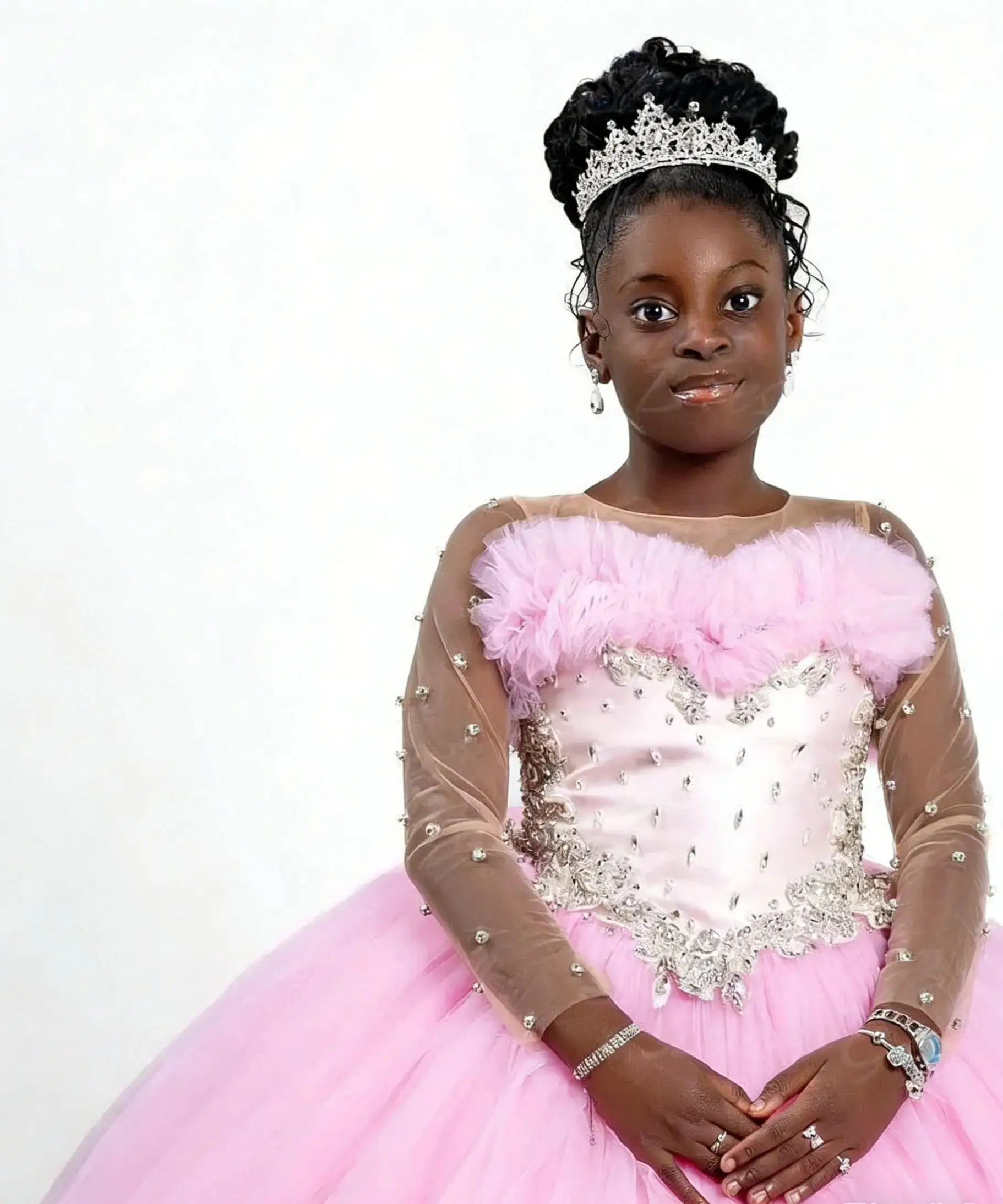 

Elegant Pink Flower Girl Dress for Wedding Long Sleeves Tulle Beads Kids Birthday Party First Communion Pageant Gown Custom
