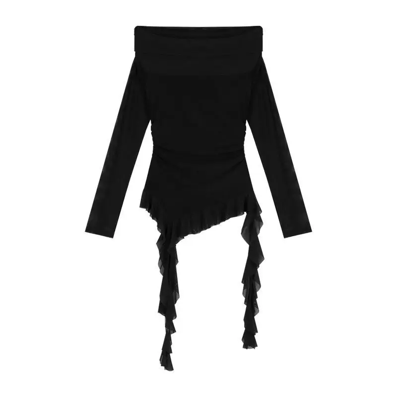 T-shirt en gaze pour femmes, Sexy, col Slash, épaules dénudées, esthétique, à volants irréguliers, Slim Fit, Grunge, Harajuku, Vintage, fée, Y2k