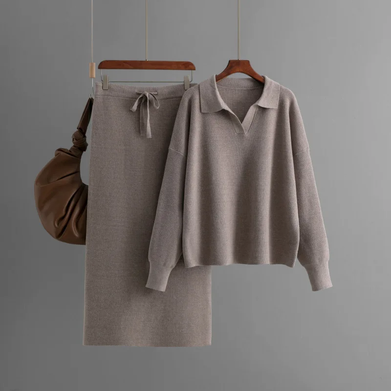 Conjunto de suéter y falda con cuello tipo Polo de punto para mujer, ropa de descanso informal holgada, traje de dos piezas, conjunto de falda de 2 piezas para otoño e invierno