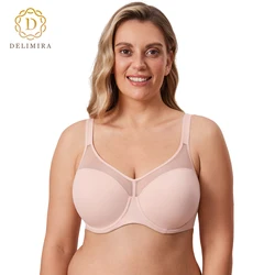 DELIMIRA-sujetadores de talla grande para mujer, ropa interior transparente de cobertura completa, sujetador de soporte con forro ligero B C D DD E