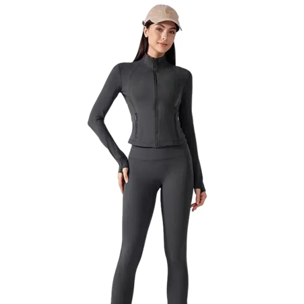Lemon Women Cropped Jacket Leggings Suit Sports Running Gym Yoga Zipper Jacket Standing Collar Tight-fitting Sportswea
