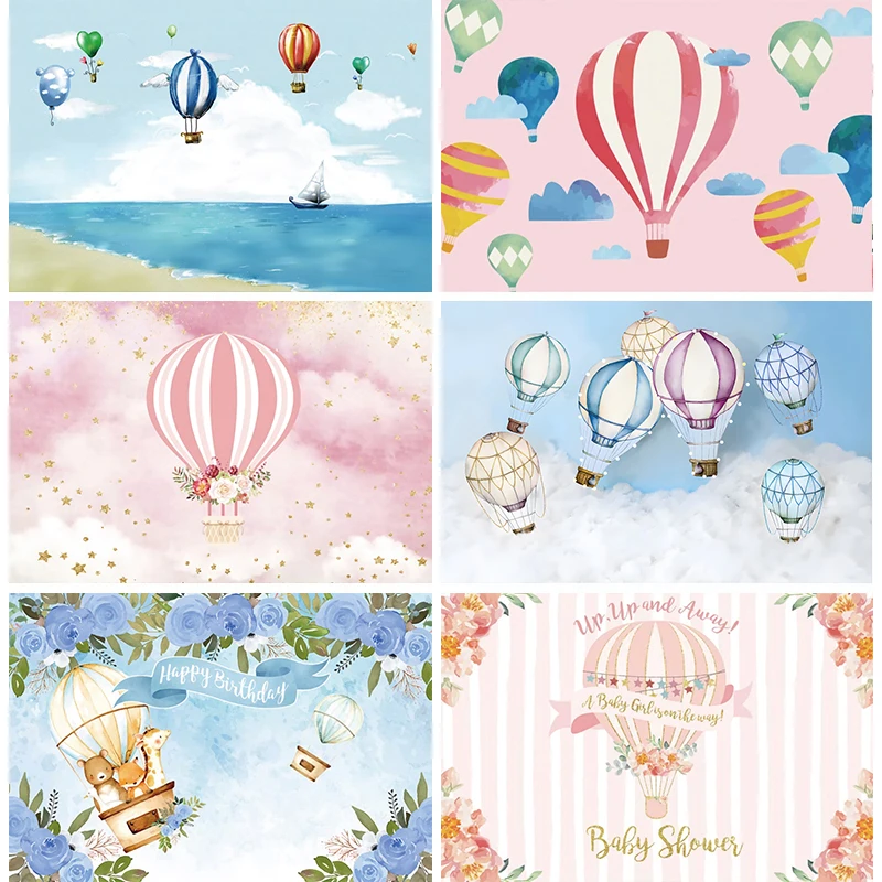 

Blue Hot Air Balloon Baby Shower Backdrop Up Up and Away Boy 1st Birthday Party Decorations 1 Year Banner Photography Background