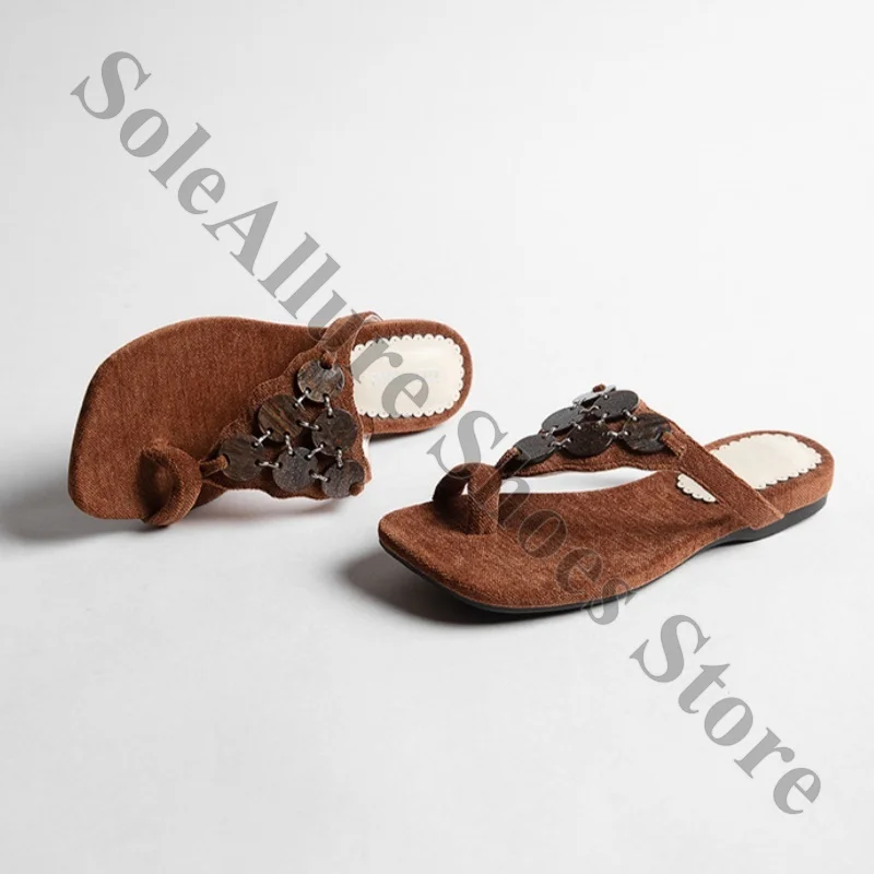 

Brown Corduroy Wooden Disc Ornament Thong Slide Sandals Square Open Toe Backless Slip-On Flat Slide Shoes
