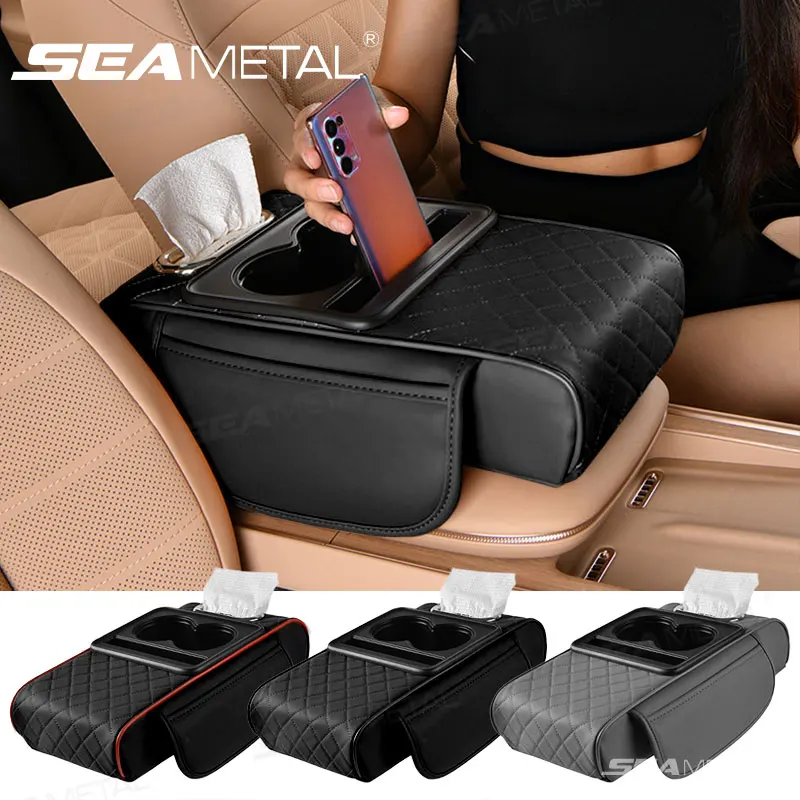 SEAMETAL All in 1 Arm Rest Cushion for Car 7.5cm Thicken Soft Center Console Box Cushion Organizer Elbow Support Tissue Holder