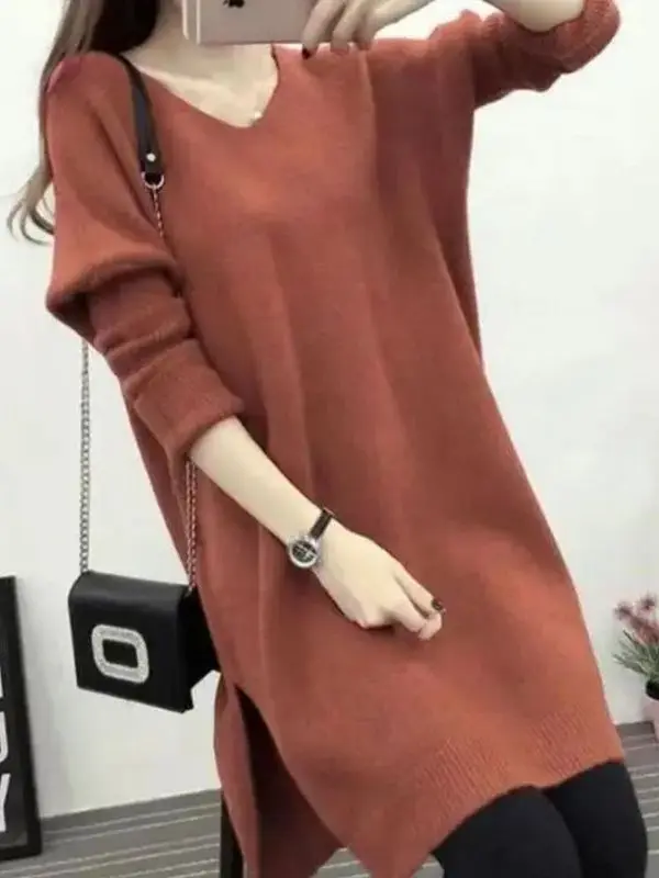 

Ladies Mid-Length Sweater V-Ne round Ne Pure Color Loose Faionable Korean Sle Outerwear Dr Autumn Winter Commute