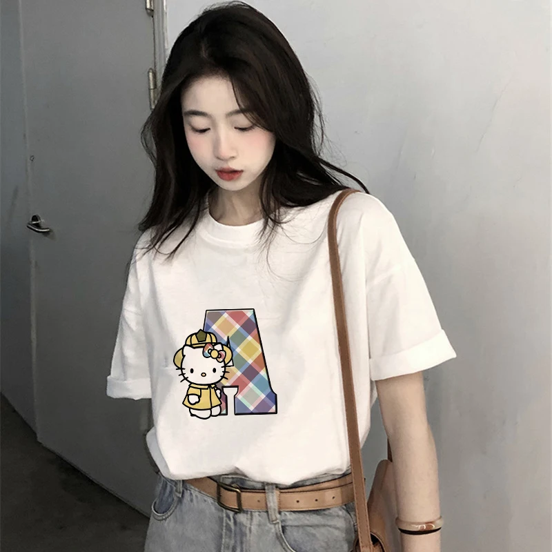 

HelloKittys Women T-shirt Cartoons Letter A B C D Tee Shirts Anime Kawaii Casual Clothes Cotton Streetwear Tops Short Sleeved