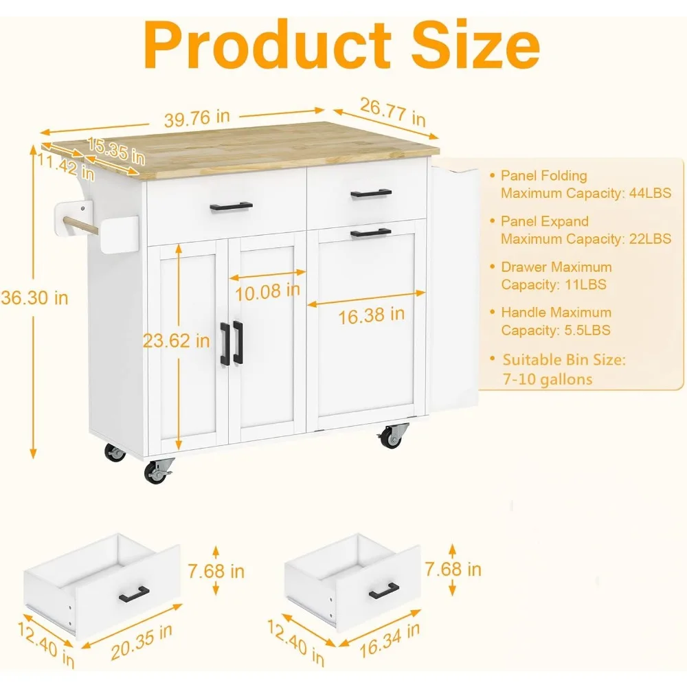 جزيرة المطبخ المتداول مع خزانة تخزين القمامة، درجين، جزيرة المطبخ مع أوراق السقوط، عربات جزر تخزين المطبخ مع 3 #4