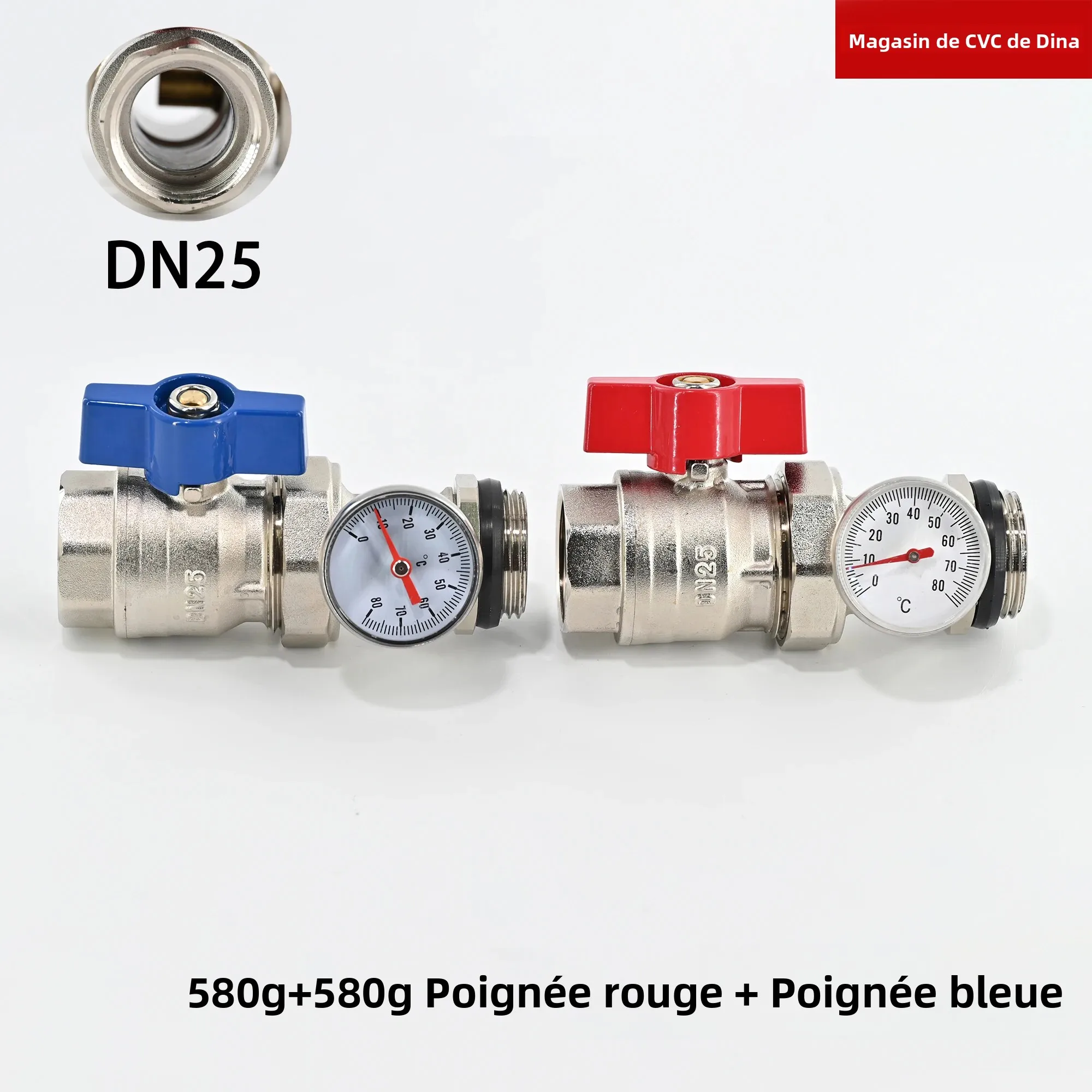 Vanne à boisseau sphérique droite réparable DN25 à passage plein avec thermomètres et raccords de tuyauterie, accessoire pour collecteur de chauffage par le sol