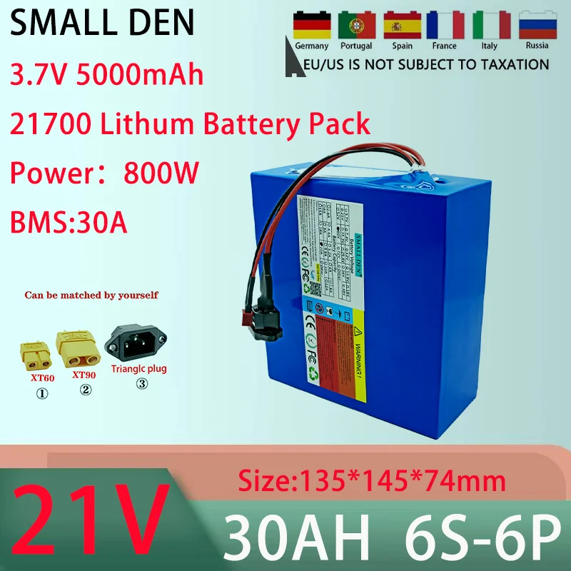 New 21V 30AH 6S6P 21700 lithium battery pack With 30A BMS 100-650W high-power rechargeable battery+25.2V 5A charger