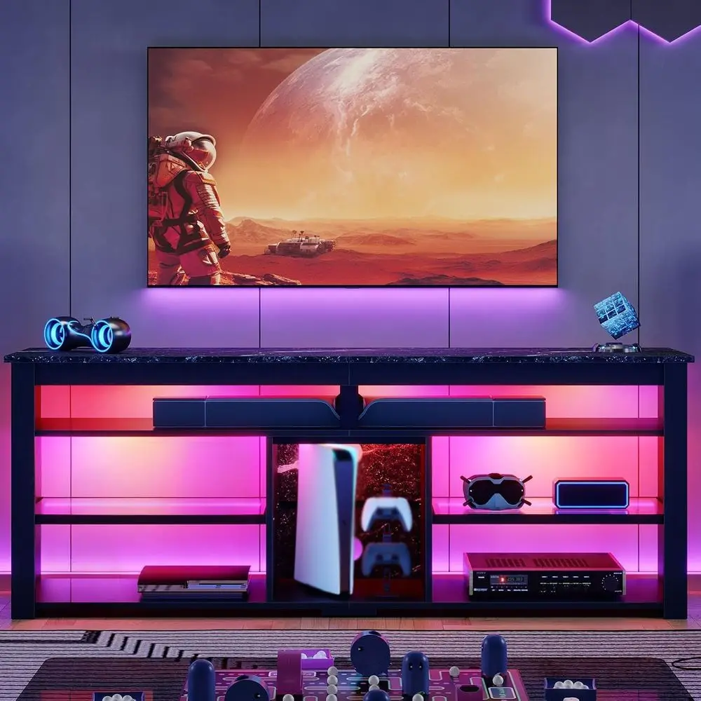 70 TV Stand with Tall Entertainment Center, LED Lights, Gaming Storage, Suitable for PS5, Ideal for Living and Bedroom Spaces, B view 2