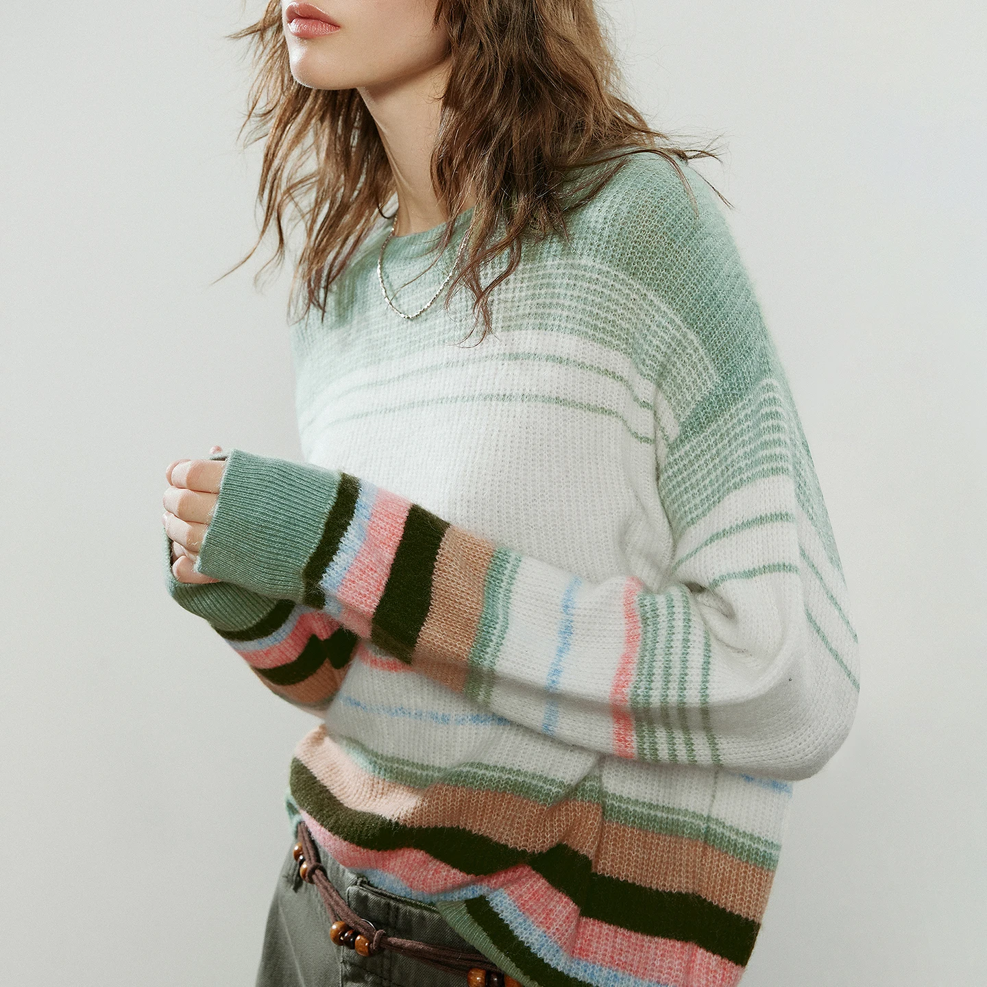 TOYOUTH Women Knitwear 2025 Winter NewAsymmetric Crew Neck Colorful Stripe Soft Knit Casual Top