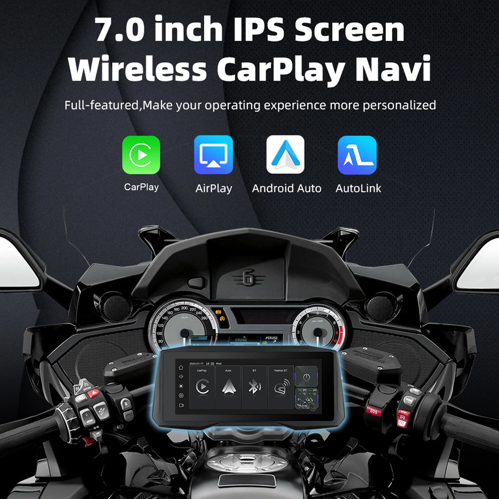 7 Inch Motorcycle Portable CarPlay Dual Blueteeth IP67 Waterproof Motorcycle GPS Navigation Screen Support CarPlay/Android Auto