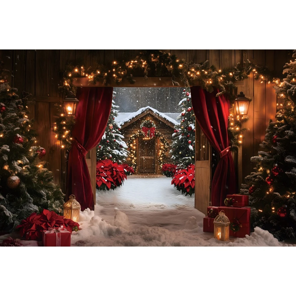 Winter Weihnachten Hintergrund Rote Scheune Holztür Weihnachtsbaum Geschenke Kinder Porträt Familie Party Fotografie Hintergrund Fotostudio