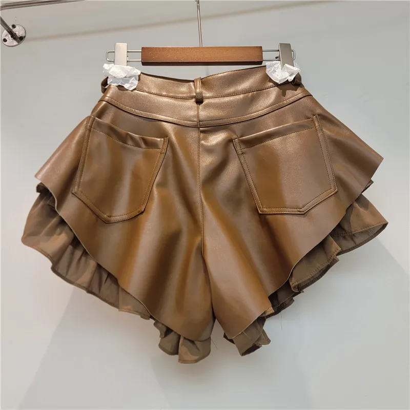 WTHT Trendy Summer 2026 Women's Double-layer Spliced PU Leather Shorts Fashion A-line High-waisted Short Pants Female 1LS3101