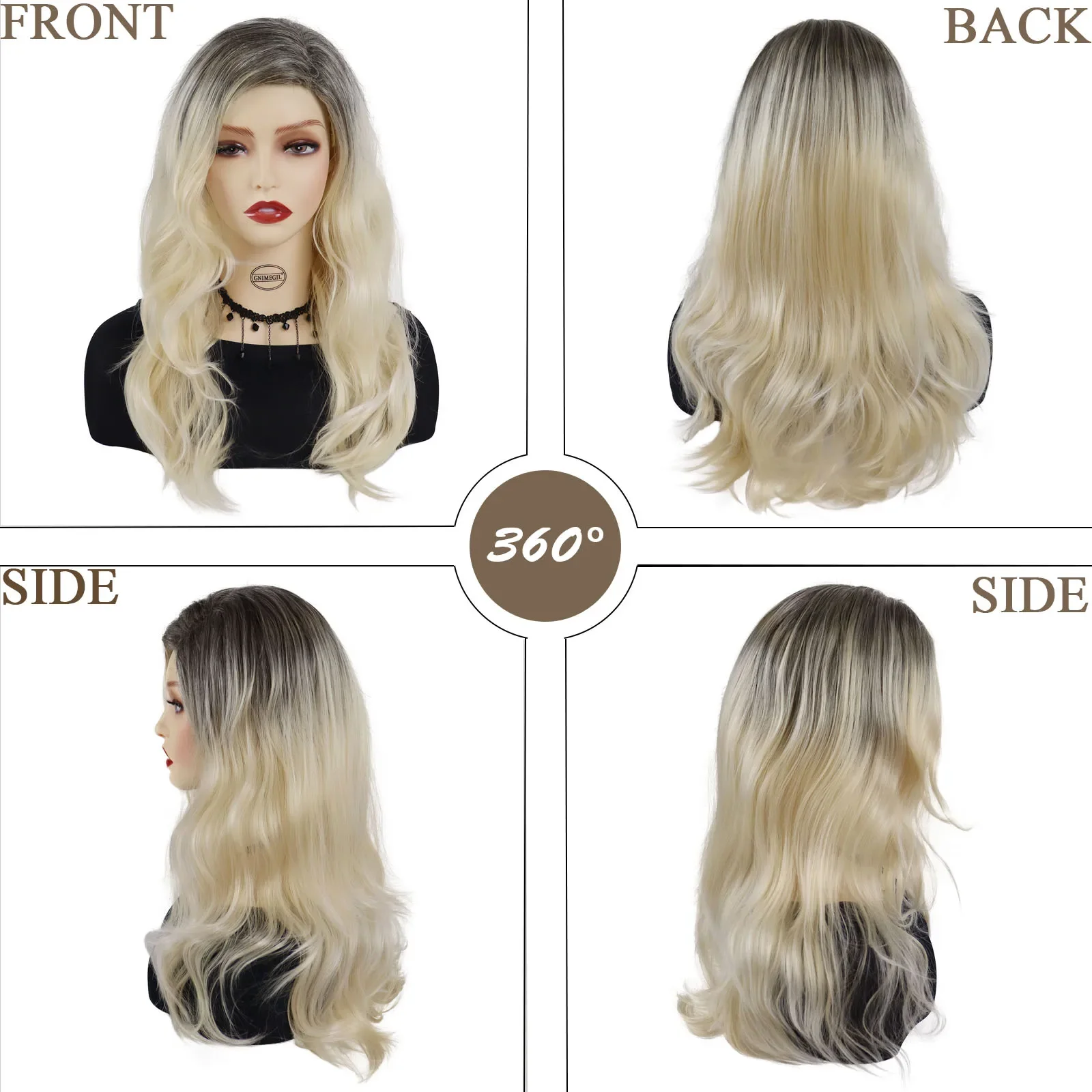 Ombre Blonde Wigs Synthetic Dark Root Long Wavy Curly Wigs with Bangs for Women Elegant Lady Daily Costume Party Heat Resistant