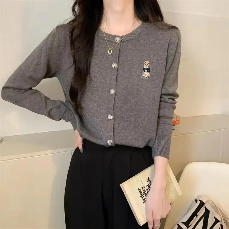 Spring Autumn Fashion Korean Version O-neck Casual Knitted Sweaters Slim Embroidered Bear All-Match Long Sleeve Cardigan Top