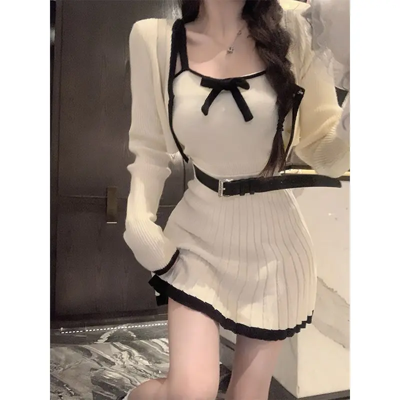 

Winter Kawaii Vingate 3 Piece Set Women Elegant Bow Knitted Skirt Suit Female Korean Fashion Casual White Sweater Set 2023 New