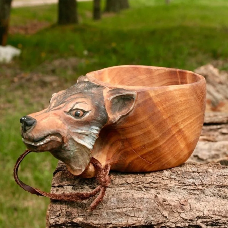 Creative Hand Carved Wooden Mark Water Cup 3D Stereo Camp out Camping Wolf Fox Deer Fish Head Animal Head Cup Home Decor Gift