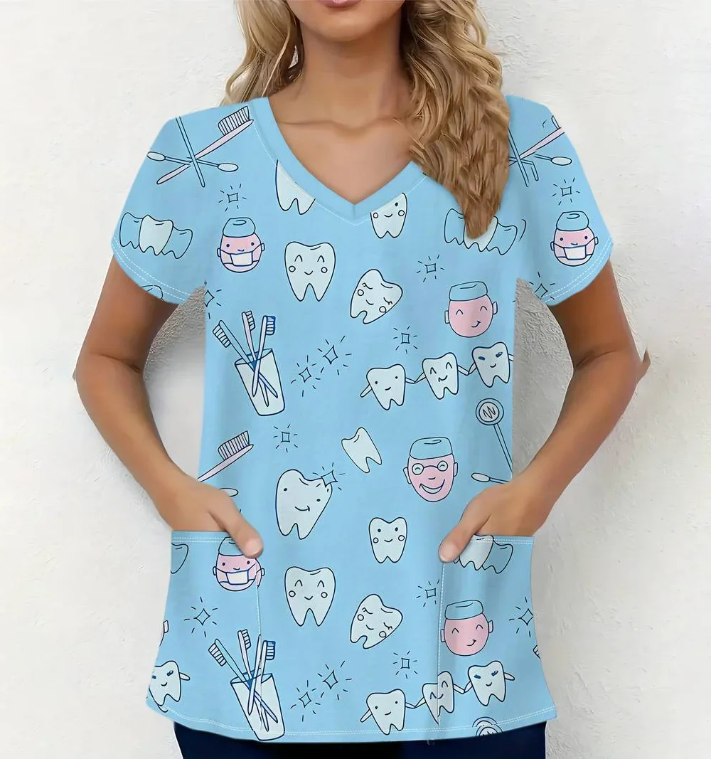 Uniforme clínico mulher dente padrão impressão enfermeira dental topos casual com decote em v manga curta com bolsos uniforme de enfermagem para mulher