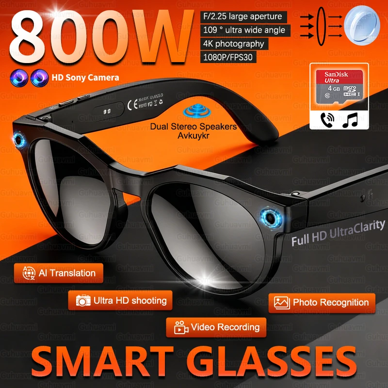 New Upgrade Brand Smart Glasses 800W Camera HD Video Recording AI Photo Recognition Bluetooth Call Translation Voice Sunglasses