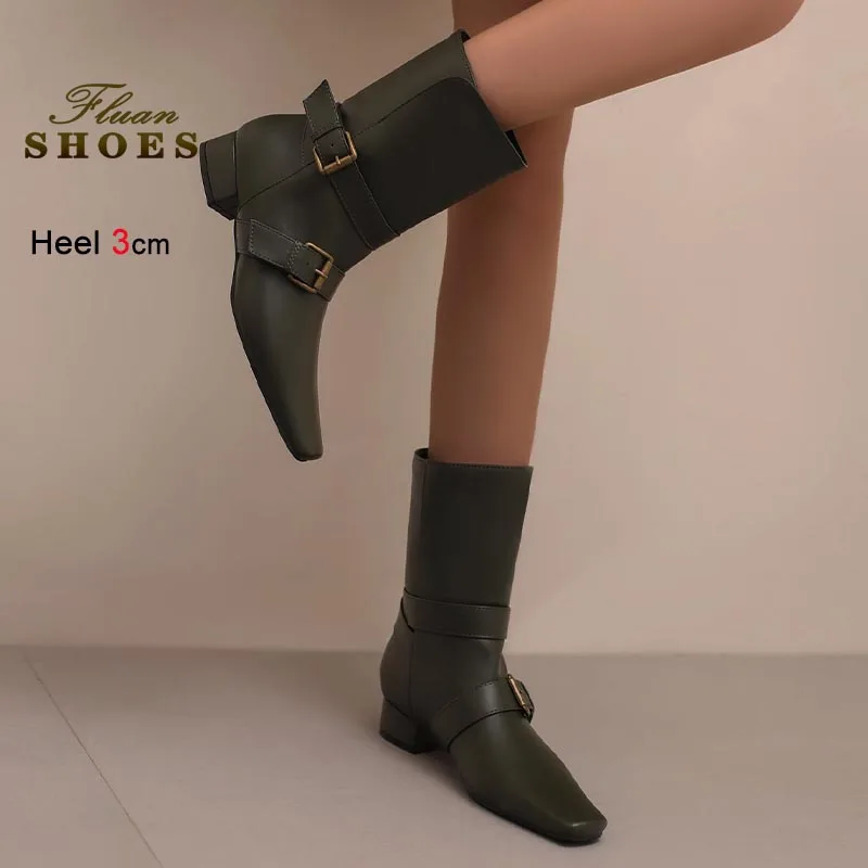 موضة 3 سنتيمتر كعب منخفض المرأة حذاء من الجلد جلد غير رسمي منتصف العجل الأحذية الخريف الشتاء السيدات أحذية عدم الانزلاق وحيد أحذية بوت قصيرة