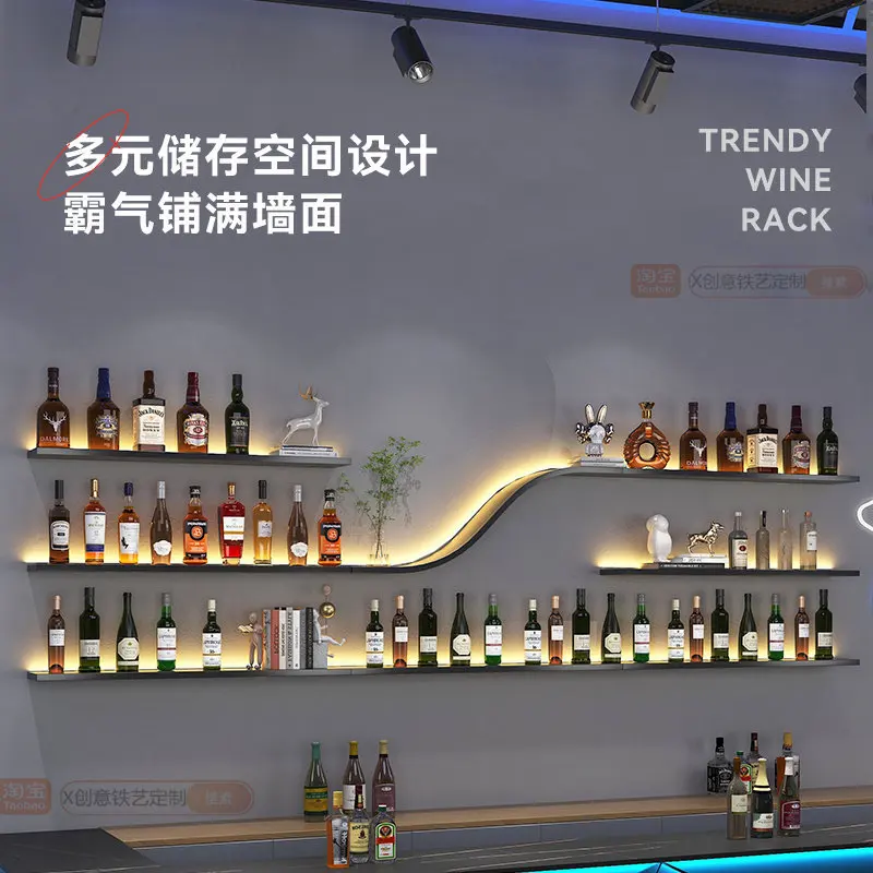 

Simple bar counter wine rack wall hanging clear bar restaurant wall decoration rack creative lighting wrought iron wine display