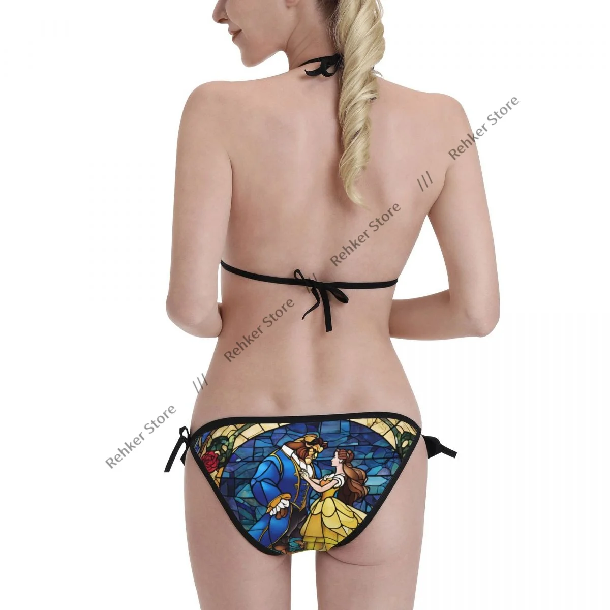섹시한 비키니 미녀와 야수 동화 유리 프린트 수영복 여성 수영복 세트 수영복 비치웨어