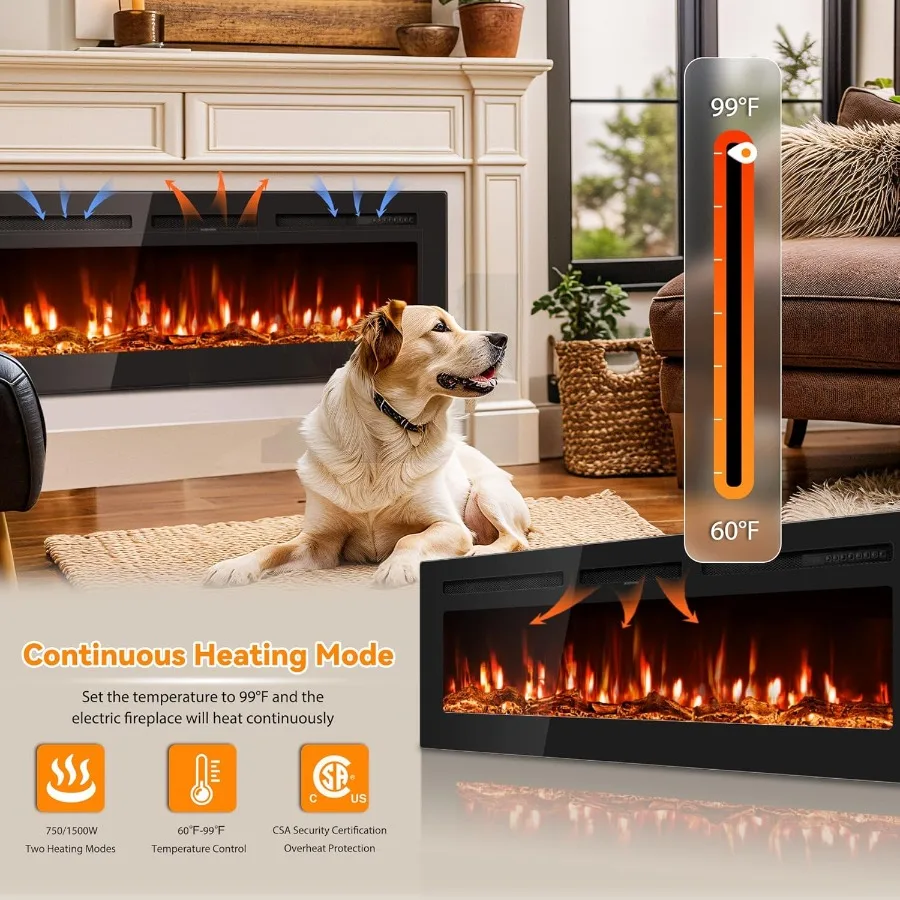 50 inch Electric Fireplace In-Wall Recessed and Wall Mounted with Remote Control 1500/750W Heater 60-99F Thermostat 12 Adjustab