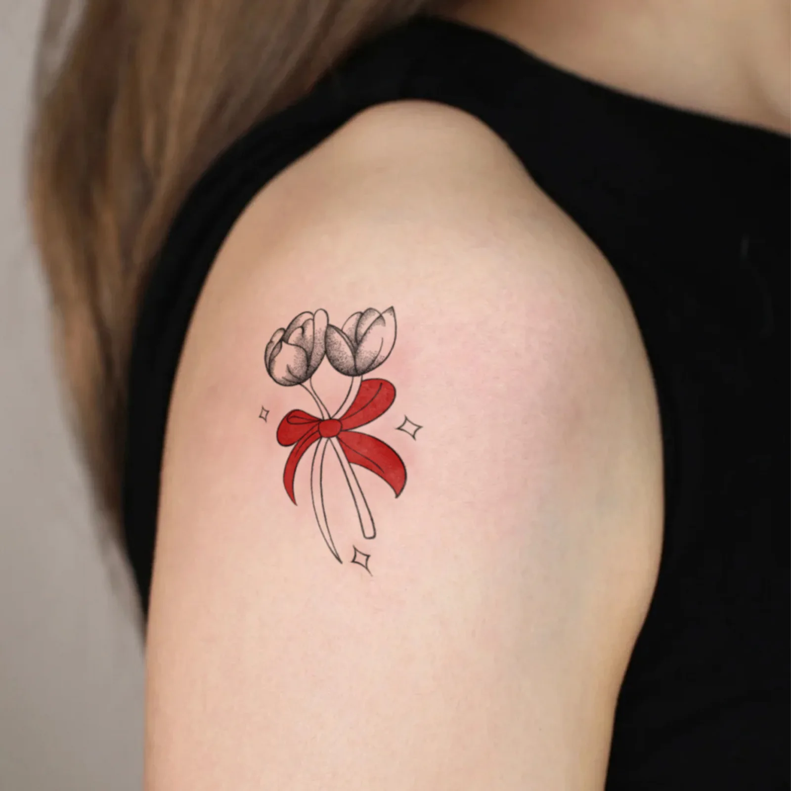 Red Bow Tulip Tattoo Sticker Waterproof Long Lasting Fine Line Temporary Tattoo for Women Arm Shoulder