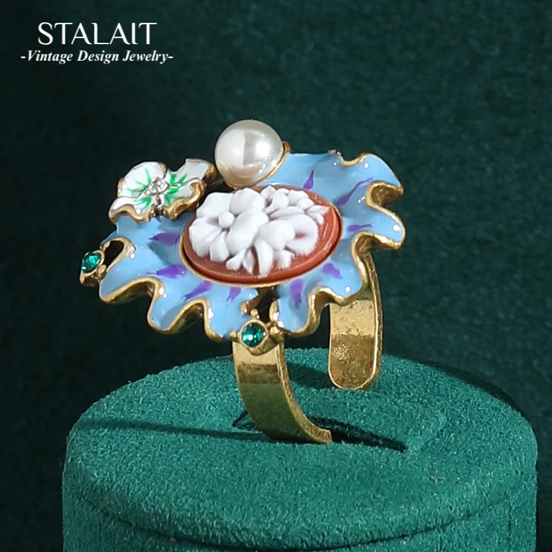

Vintage Blue Relief Flower Rings Pearl Enamel Petals Accessories For Woman Luxury Quality Open Finger Party Jewelry 2025 New