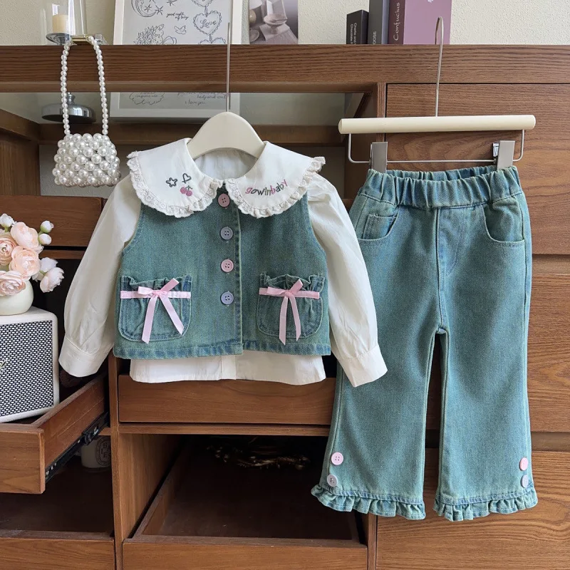 

Children's Outfit New Fashionable Girls' Long Sleeve Shirt with Denim Vest and Long Pants Two-Piece Set2-8Children's Clothing