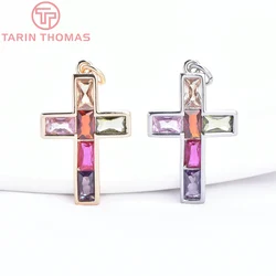 (9106) 2PCS 15.5x25MM 24K Gold Color Brass with Zircon Cross Shaped Pendants High Quality Jewelry Making Findings Accessories