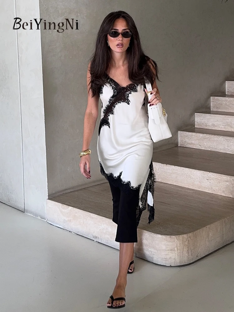ベイインニ 2025 新ファッション レディース サテンレースドレス スリット入り エレガント カジュアル スパゲッティストラップ セクシーワンピース 女性用 Vネックドレス
