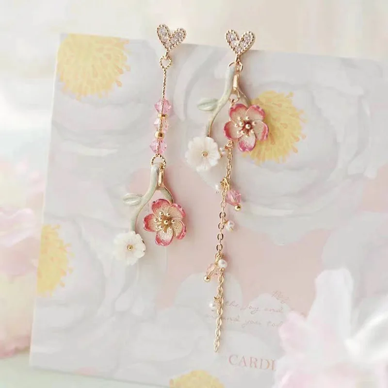 New Korean Romantic Cherry Blossoms Flower Earrings For Women Fashion Long Tassel Asymmetrical Dangle Earring Girl Sweet Jewelry