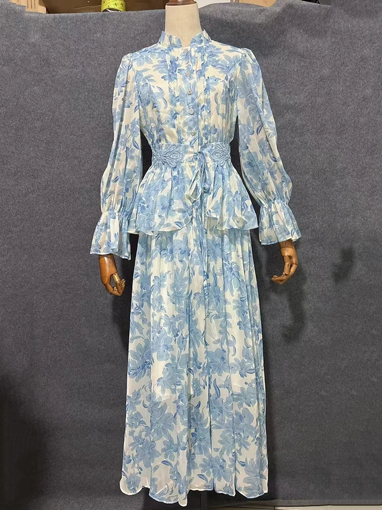 Retro printed round-neck single-breasted applique cinched waist dress 2025 Autumn women's fashion loose large-swing puffy dress