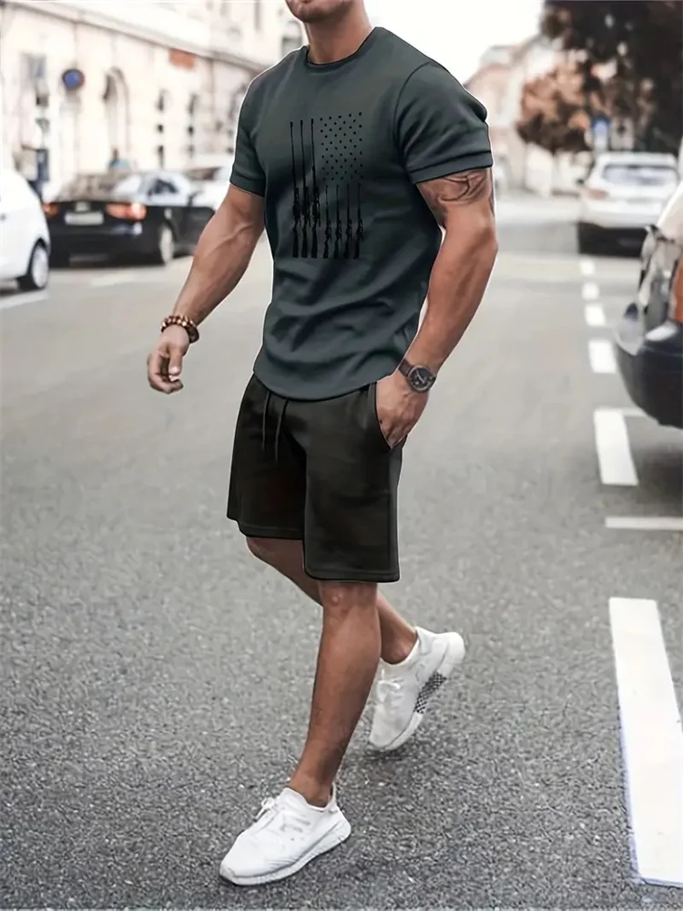 2024 New Summer Sportswear Men\'s Short Sleeve Shorts 2 Piece Set Men\'s Street Camouflage Print Trendy Shorts Set Men\'s Clothing