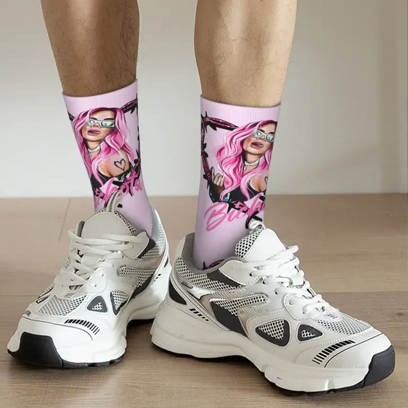 Y2K Harajuku Karol G heart bichota pink basketball polyester crew socks for unisex breathable