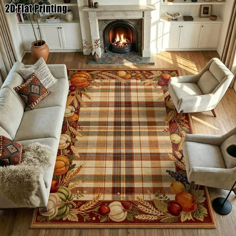 1Pc American Retro Autumn Harvest Fruit and Vegetable Plaid Rug, Thanksgiving Decorative Carpet for Living Room, Bedroom, Dining Room, Bedside, Indoor and Outdoor Patio, Home Decoration