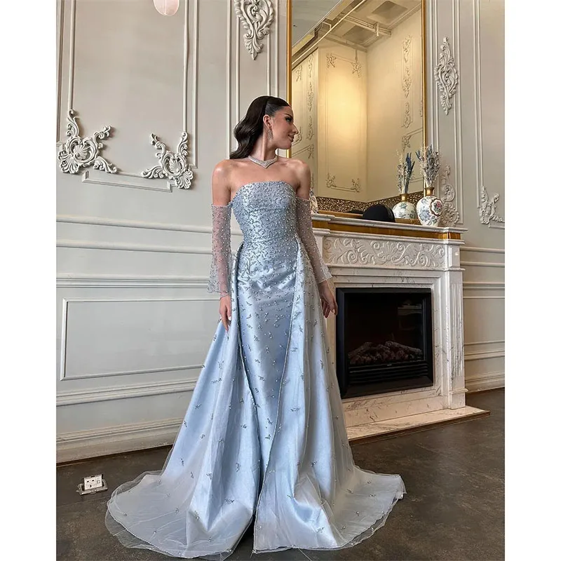 Luxe Strapless Prom Dresses Kralen, Pailletten Vloerlengte Formele Feestjurken Saudi-Arabië Geplooide Avondjurken Voor Dames