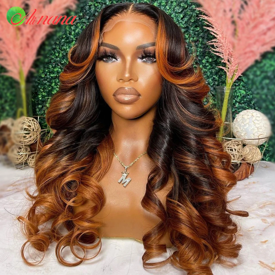 Ombre Ginger Brown Colored 13x6 HD Transparent Lace Frontal Wig Wave Pre-Plucked 12A Grade Lace Closure Human Hair Wig For Women