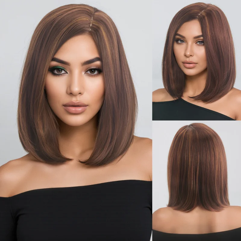 European and American short for women, - synthetic , side-parted straight hair wigs, African rose net, f