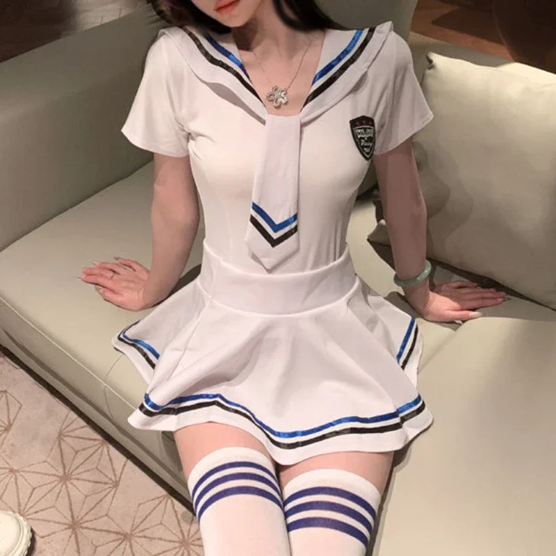 

Сексуальное женское белье, студенческая униформа Jk, матросский воротник, синий и белый цвет, контрастный дизайн, плиссированная юбка, школьные чулки