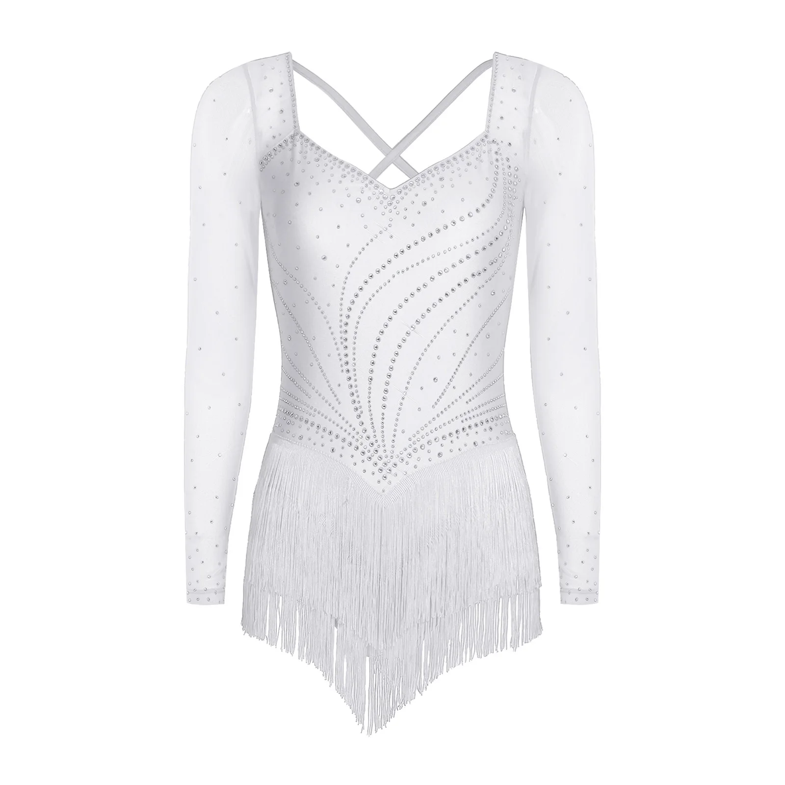 Women Glittery Latin Dance Sequin Bodysuit Chacha Salsa Dress Performance Tango Dance Costume Line Dance Tassel Fringed Jumpsuit