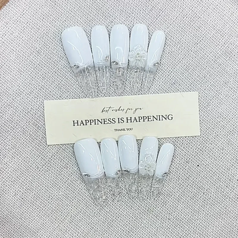 

Pure hand-worn nail white glass slag engraving hand-painted engraving French high-end temperament nail patch