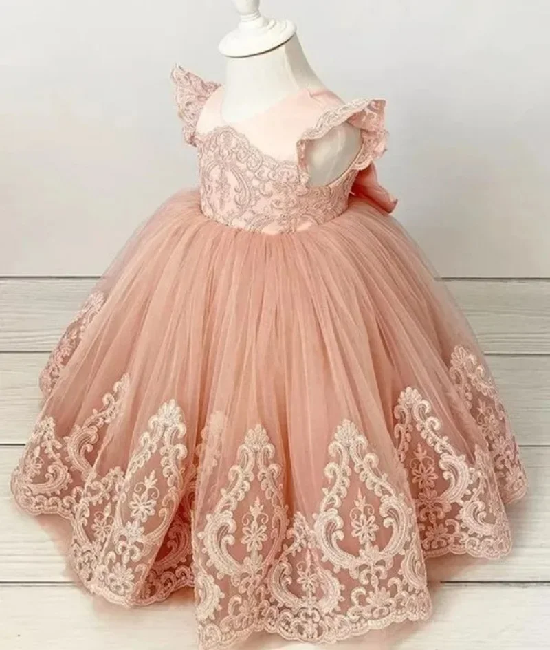 Blush Pink Flower Girl Dresses for Wedding Ruffles Lace Appliques Girl Kids Birthday Party Princess First Holy Communion Gowns