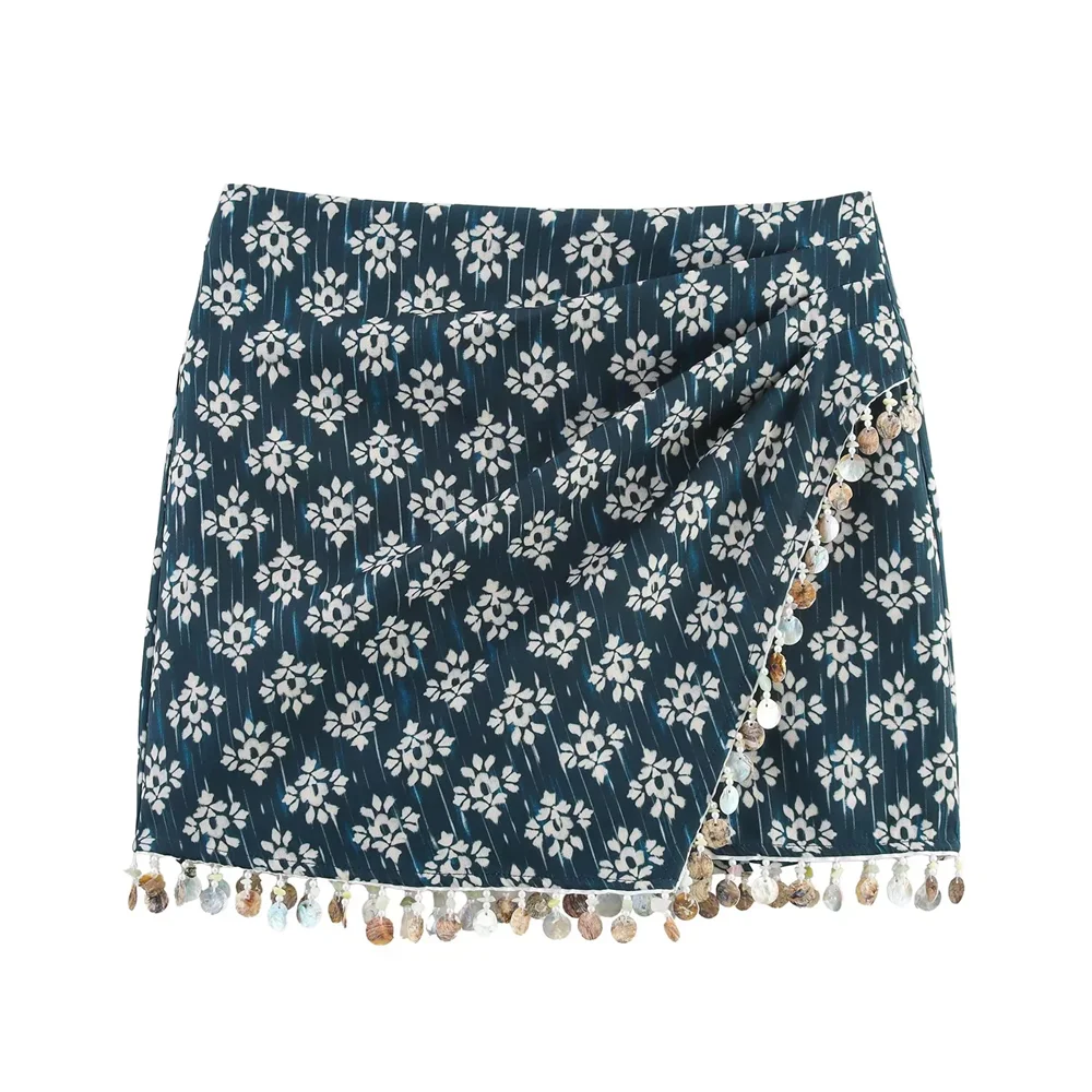 

BSK&TRAF2025casual all-match tassel geometric pattern print high waist skirt short skirt summer new women's clothing
