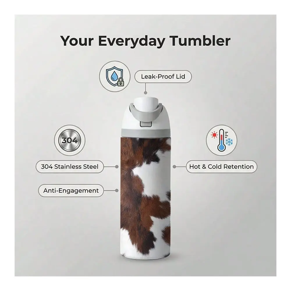 1 Pc 24oz Insulated Stainless Steel Water Bottle, Realistic Brown And White Cowhide Print, Western Rustic Style Animal Skin Pattern For Ranchers And Farmers, Aesthetic Cowboy Gear For Valentines Day Gifts.