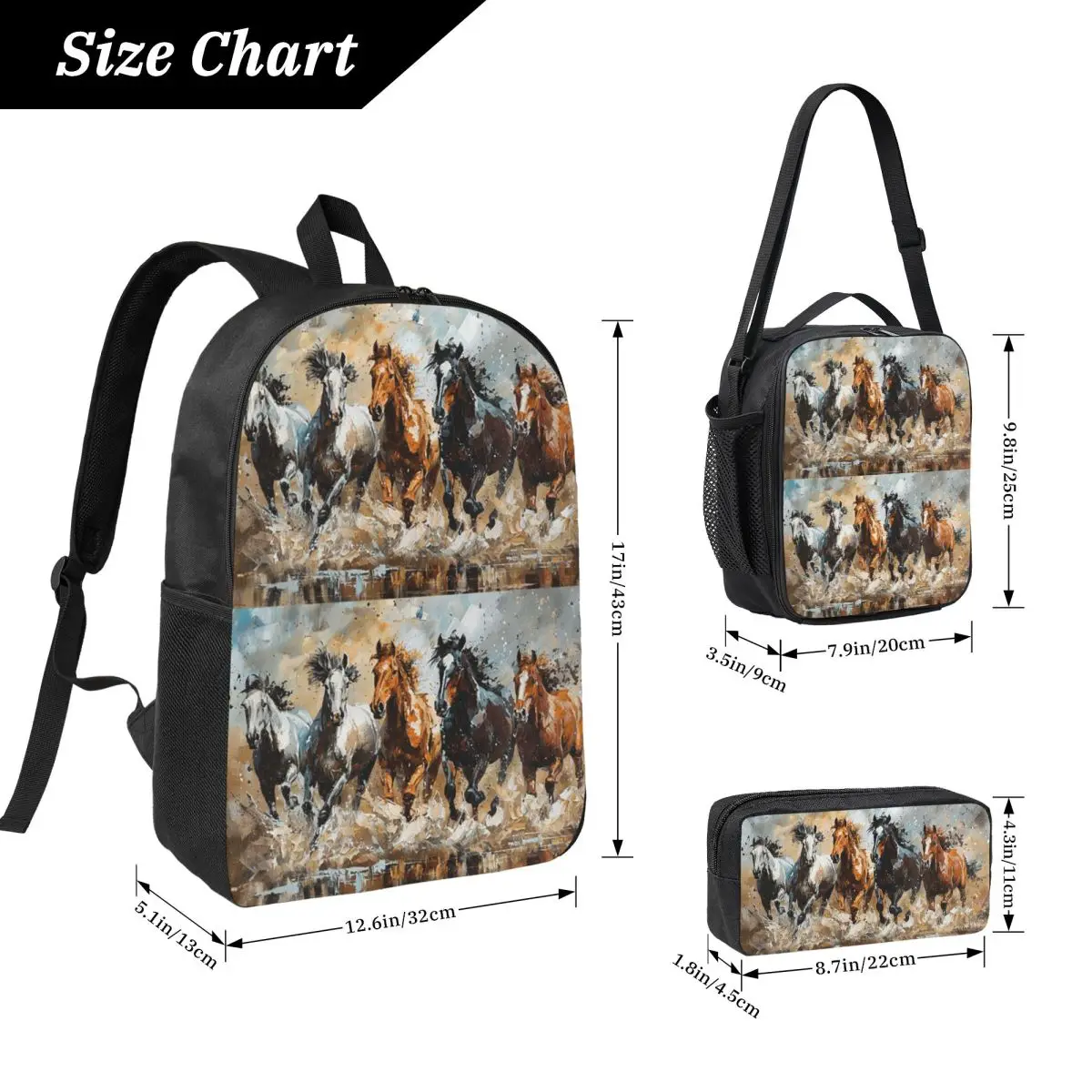Realistic Oil Painting Galloping Horse Backpack Student BookBag School Bag Computer Shoulder Bags 3ps Lunch Bag Pencil Case