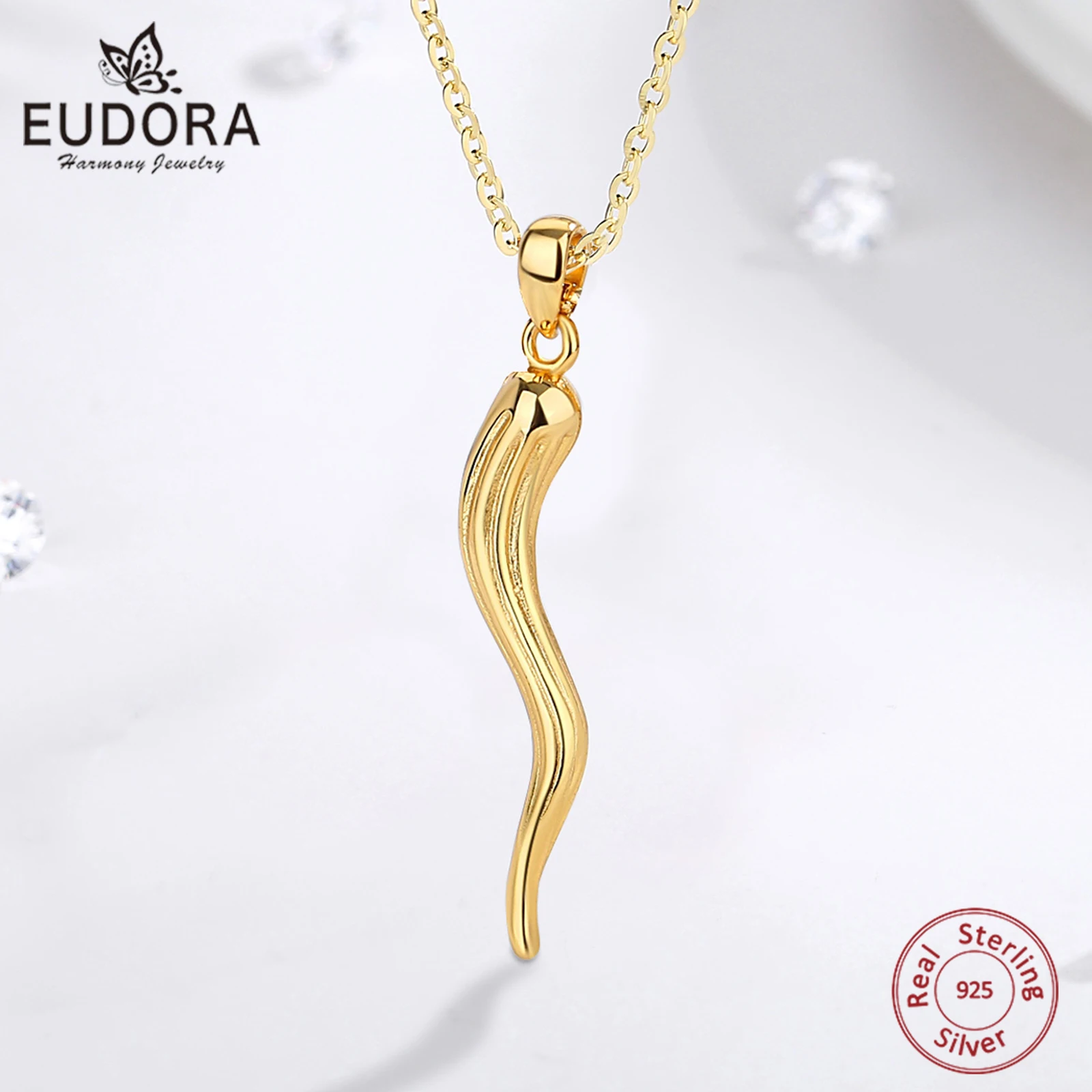 

Eudora 925 Sterling Silver Italian Horn Necklace for Women Men Good Luck 18K Gold Cornicello Pendant Silver Amulet Jewelry Fine